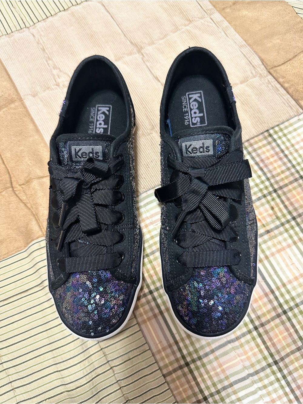 Keds Kids Black Iridescent Sequin Ribbon Lace Sneakers